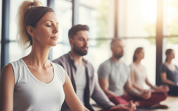 Eine Gruppe von Menschen sitzt im Schneidersitz auf Yogamatten in einem hellen Studio, die Augen geschlossen und meditierend. Der Fokus liegt auf einer Frau im Vordergrund, während andere Personen im Hintergrund verschwommen sind. Durch große Fenster strömt Sonnenlicht herein.