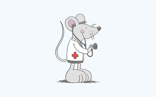 Eine Comic-Maus, die einen weißen Kittel mit einem roten Kreuz trägt und ein Stethoskop hält und wie ein Arzt aussieht.