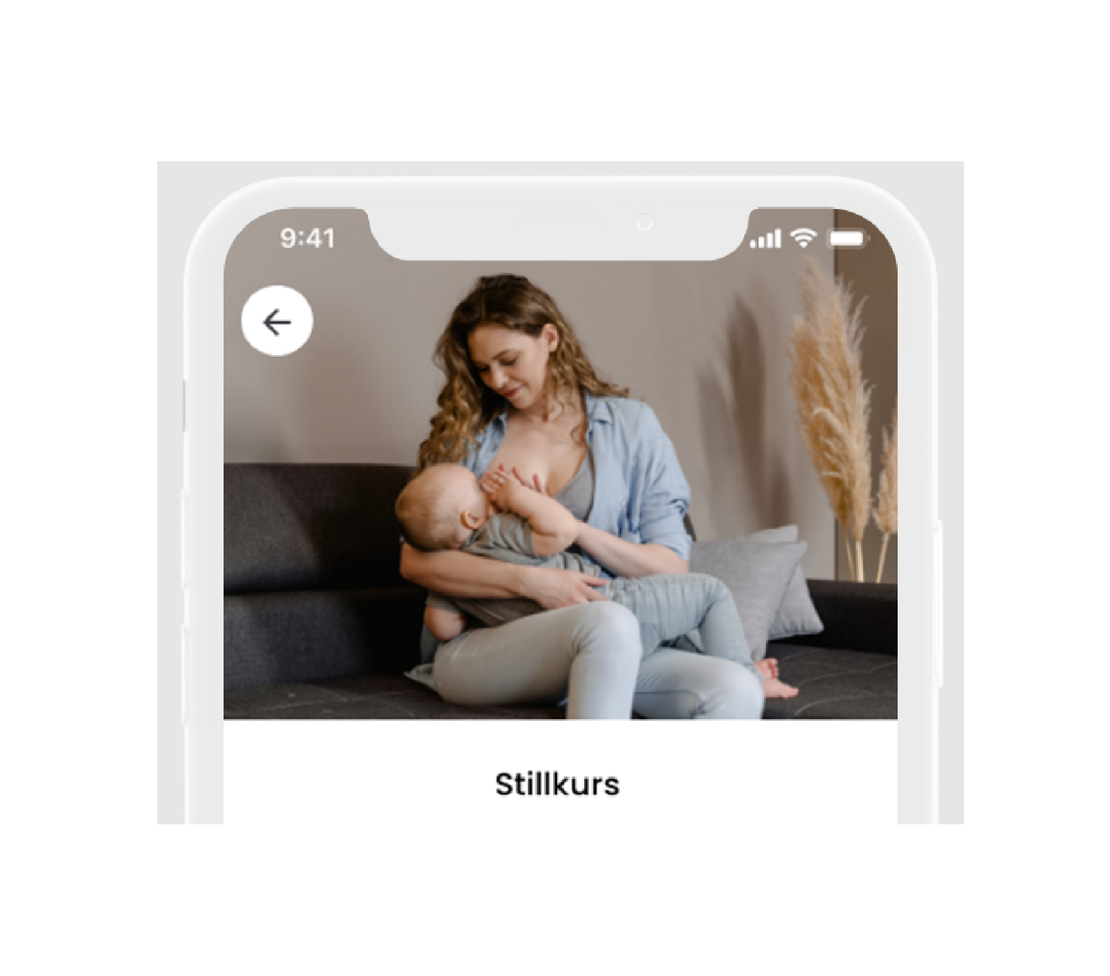 Eine Frau sitzt auf einem Sofa und stillt ihr Baby. Sie schaut auf das Baby hinunter und lächelt sanft. Im Hintergrund sieht man eine neutral gefärbte Wand und getrocknete Pflanzen. Unter dem Bild erscheint das Wort "Stillkurs".