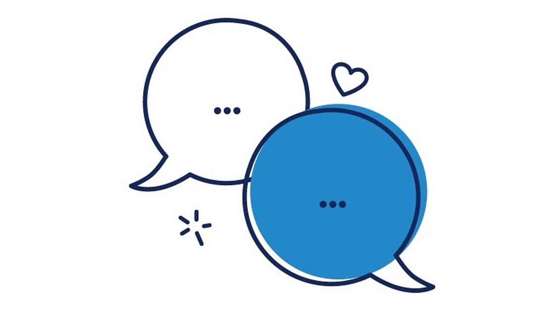 Zwei überlappende Sprechblasen, eine weiße und eine blaue, mit jeweils drei Punkten darin. Über der blauen Blase befindet sich ein kleines Herz und unter der weißen Blase ein funkelnder Stern, alles auf weißem Hintergrund.