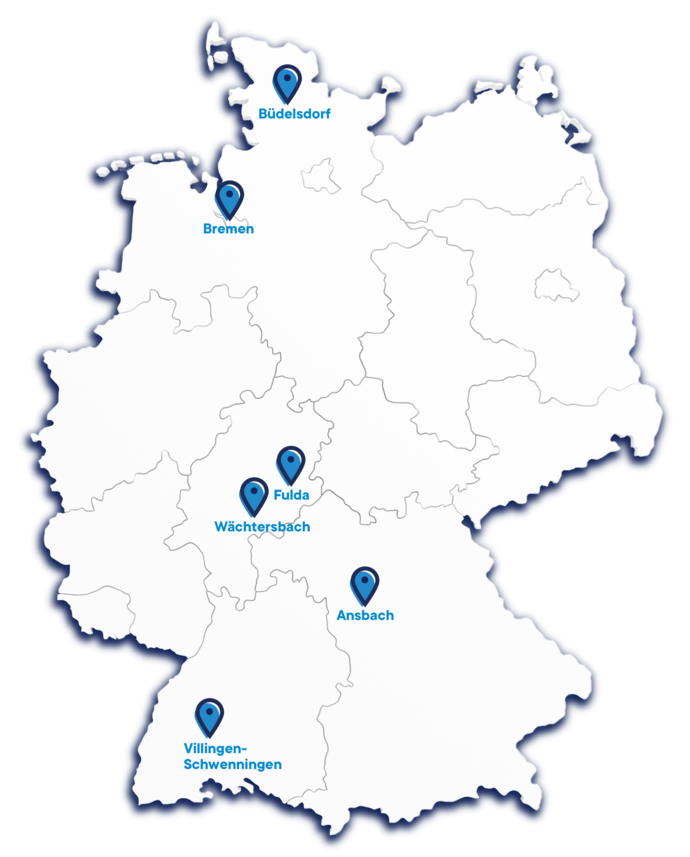 Karte von Deutschland mit Stecknadeln für Büdelsdorf, Bremen, Fulda, Wächtersbach, Ansbach und Villingen-Schwenningen.