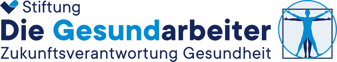 Logo der „Stiftung Die Gesundarbeiter“ mit dem Slogan „Zukunftsverantwortung Gesundheit“ und einer Ikone einer menschlichen Figur mit ausgestreckten Armen innerhalb eines Kreises und Quadrats, die an Da Vincis vitruvianischen Menschen erinnert.
