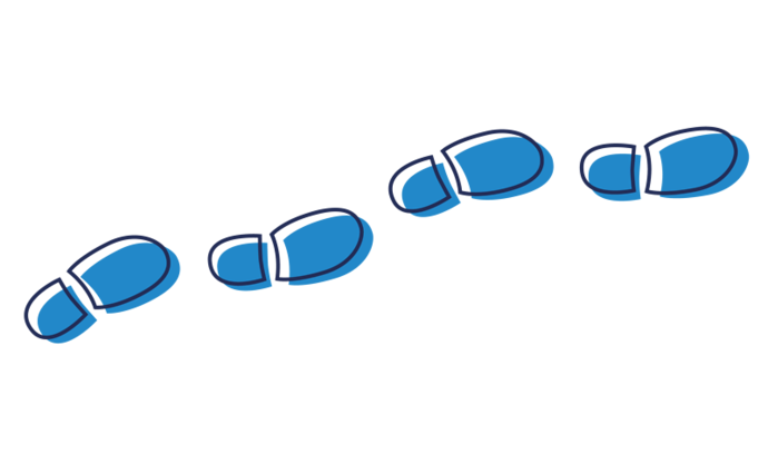 Illustration von vier blauen Fußabdrücken, die einen diagonalen Weg von links unten nach rechts oben auf hellem Hintergrund bilden.