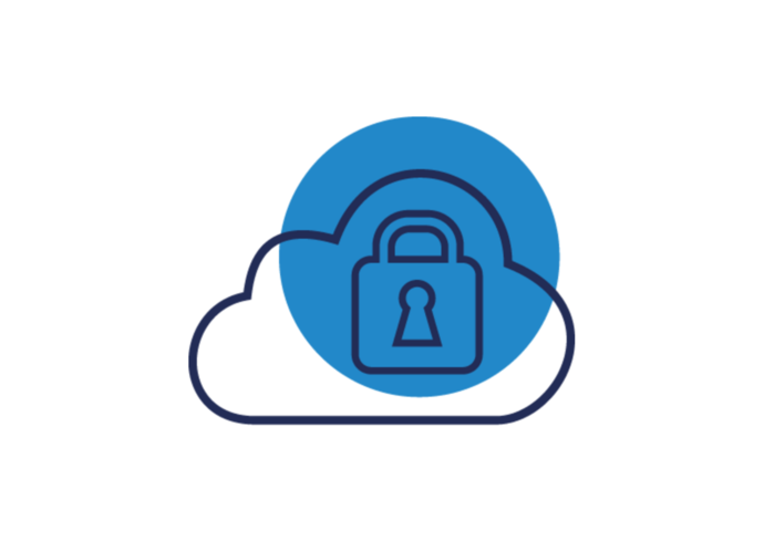 Eine einfache Illustration einer Wolke mit einem Vorhängeschloss in der Mitte, die Cloud-Sicherheit oder sichere Cloud-Speicherung symbolisiert, auf einem weißen Hintergrund mit blauen Akzenten.