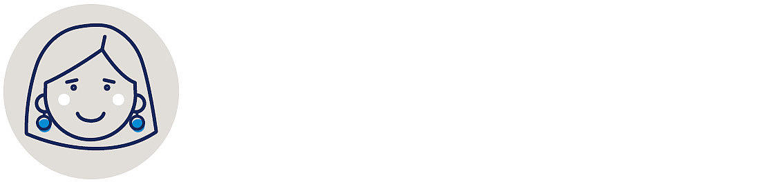 Einfache Cartoon-Illustration einer lächelnden Person mit Ohrringen und schulterlangem Haar, gezeichnet mit blauen Linien auf einem hellgrauen Kreishintergrund.