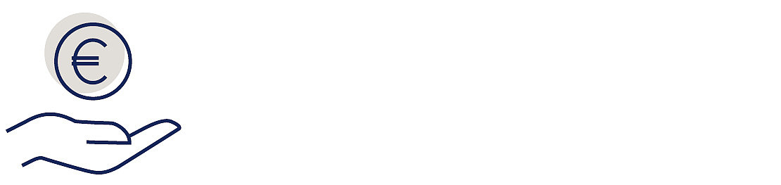 Einfache Strichzeichnung einer offenen Hand mit einer darüber schwebenden Euromünze, die das Geben oder Empfangen von Geld symbolisiert. Das Design ist minimalistisch und verwendet dunkelblaue Linien auf weißem Hintergrund.