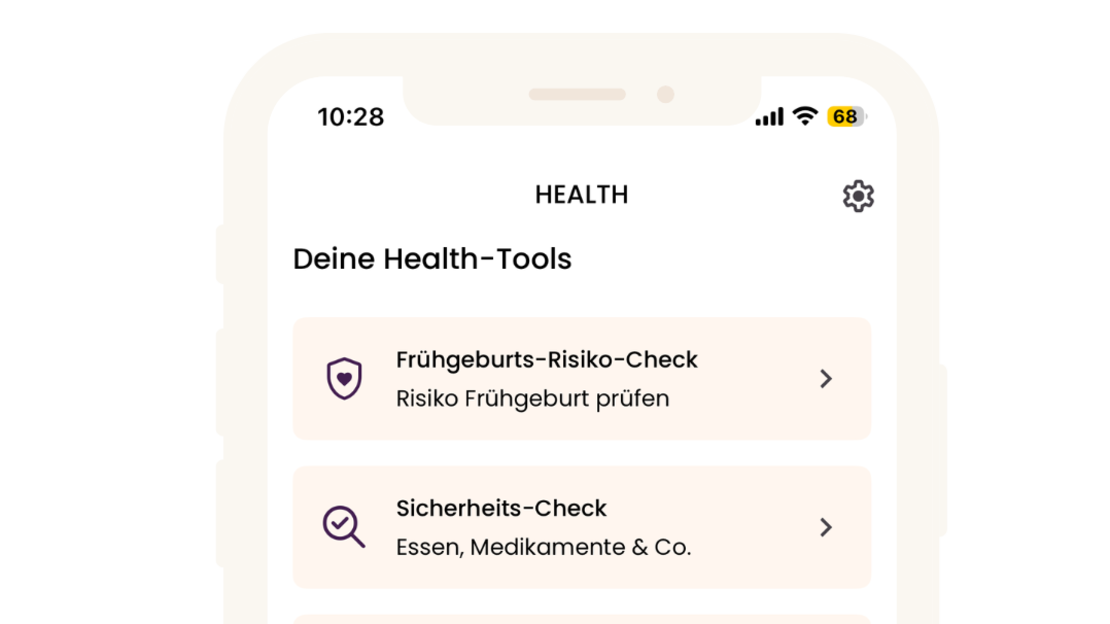 Smartphone-Bildschirm, auf dem die Benutzeroberfläche einer Gesundheits-App zu sehen ist, mit einer Liste von Funktionen, darunter ein Risikotest und ein Symptom-Tracker, sowie einem Bereich zur Auswahl von Kategorien für Symptome wie Stimmung, Ernährung und Verdauung.