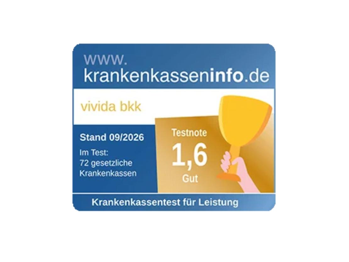 Auszeichnungsabzeichen von krankenkasseninfo.de für vivida bkk mit einer Testnote von 1,6 („Gut“) vom September 2026.