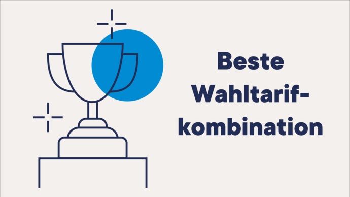 Eine schlichte Trophäenillustration mit einem blauen Kreis im Hintergrund und dem deutschen Text „Beste Wahltarifkombination“ rechts auf hellem Hintergrund.