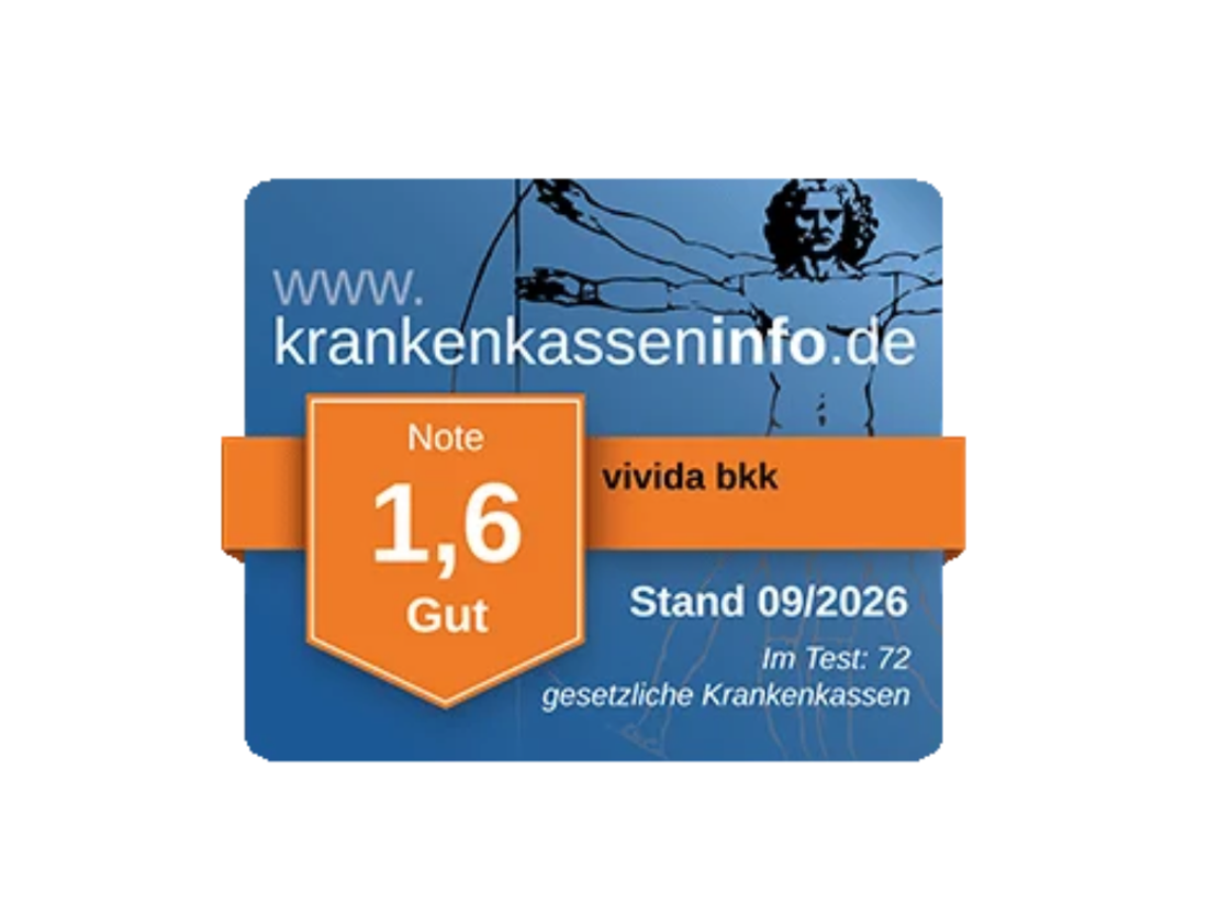 Ein Bewertungsabzeichen für Krankenkasseninfo.de mit einer Note von 1,6 für vivida bkk, datiert auf 09/2026.