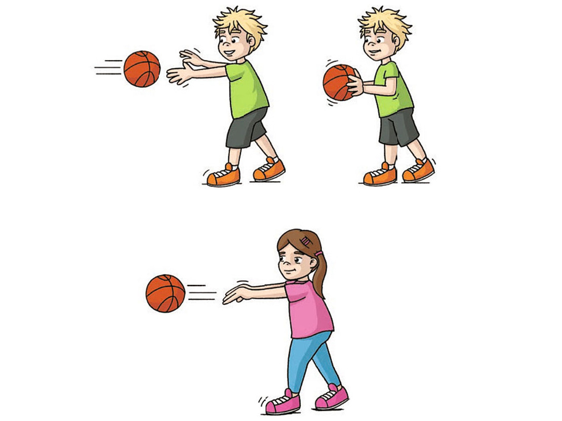 Zwei Jungen in grünen Shirts und schwarzen Shorts werfen sich einen Basketball zu, während ein Mädchen in einem rosa Shirt und blauen Jeans einen Basketball fängt oder weitergibt, alles vor einem weißen Hintergrund.