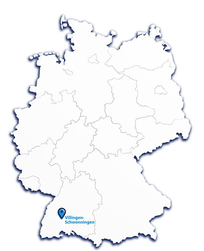 Karte von Deutschland mit den Bundesländern und der eingezeichneten Lage von Villingen-Schwenningen in der südwestlichen Region.