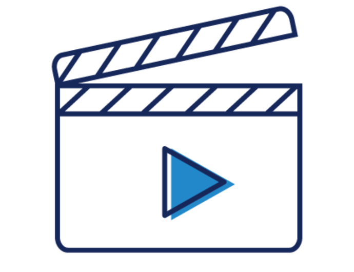 Einfache Strichzeichnung einer Filmklappe mit einer blauen Abspieltaste in der Mitte, die Video- oder Filminhalte symbolisiert.