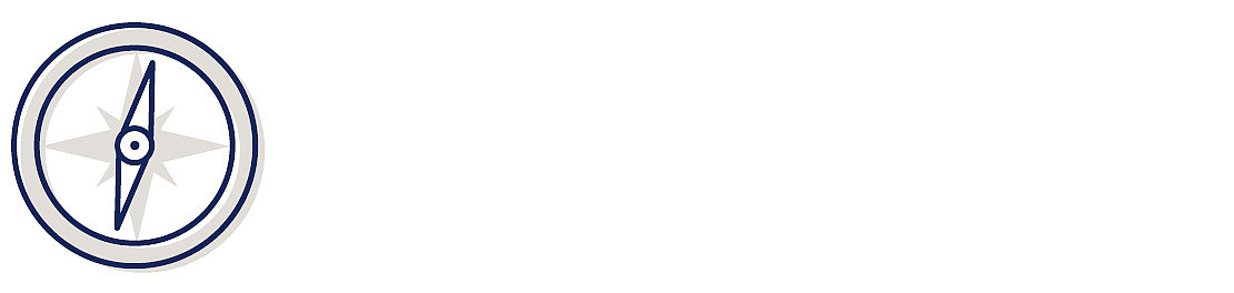 Ein einfaches Kompasssymbol in Marineblau und Grau mit weißem Hintergrund, auf der linken Seite des Bildes positioniert, sodass auf der rechten Seite ausreichend weißer Raum bleibt.