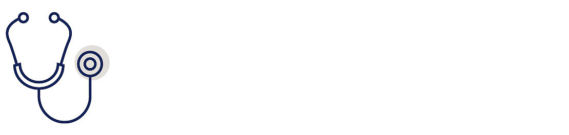 Minimalistische Illustration eines Stethoskops mit dunkelblauer Kontur auf weißem Hintergrund, auf der linken Seite positioniert, mit viel leerem Raum auf der rechten Seite.