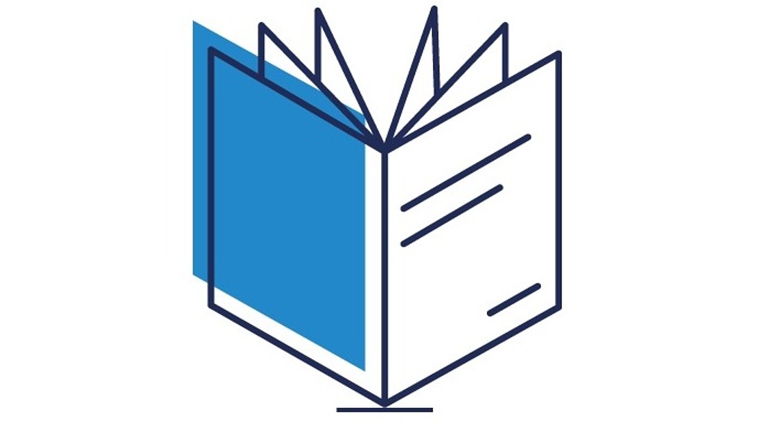 Einfache Strichzeichnung eines offenen Buches mit blauer Schattierung auf dem Einband und mehreren aufgefächerten Seiten auf weißem Hintergrund.
