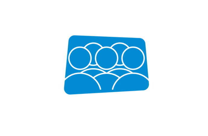 Ein einfaches blau-weißes Symbol, das sechs umrissene menschliche Figuren zeigt, die zusammen gruppiert sind und eine Gemeinschaft oder ein Publikum symbolisieren.