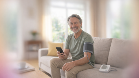 Ein lächelnder älterer Mann sitzt zu Hause auf einer Couch, hält ein Smartphone in der Hand und hat eine Blutdruckmanschette am Arm, die mit einem Monitor auf dem Tisch verbunden ist. Der Raum ist hell und sanft beleuchtet.