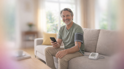 Ein lächelnder älterer Mann sitzt zu Hause auf einer Couch, hält ein Smartphone in der Hand und hat eine Blutdruckmanschette am Arm, die mit einem Monitor auf dem Tisch verbunden ist. Der Raum ist hell und sanft beleuchtet.