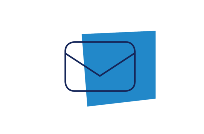 Ein einfaches, dunkelblau umrandetes Briefumschlag-Symbol wird von einem geneigten blauen Rechteck überlagert, beides zentriert auf einem weißen Hintergrund.