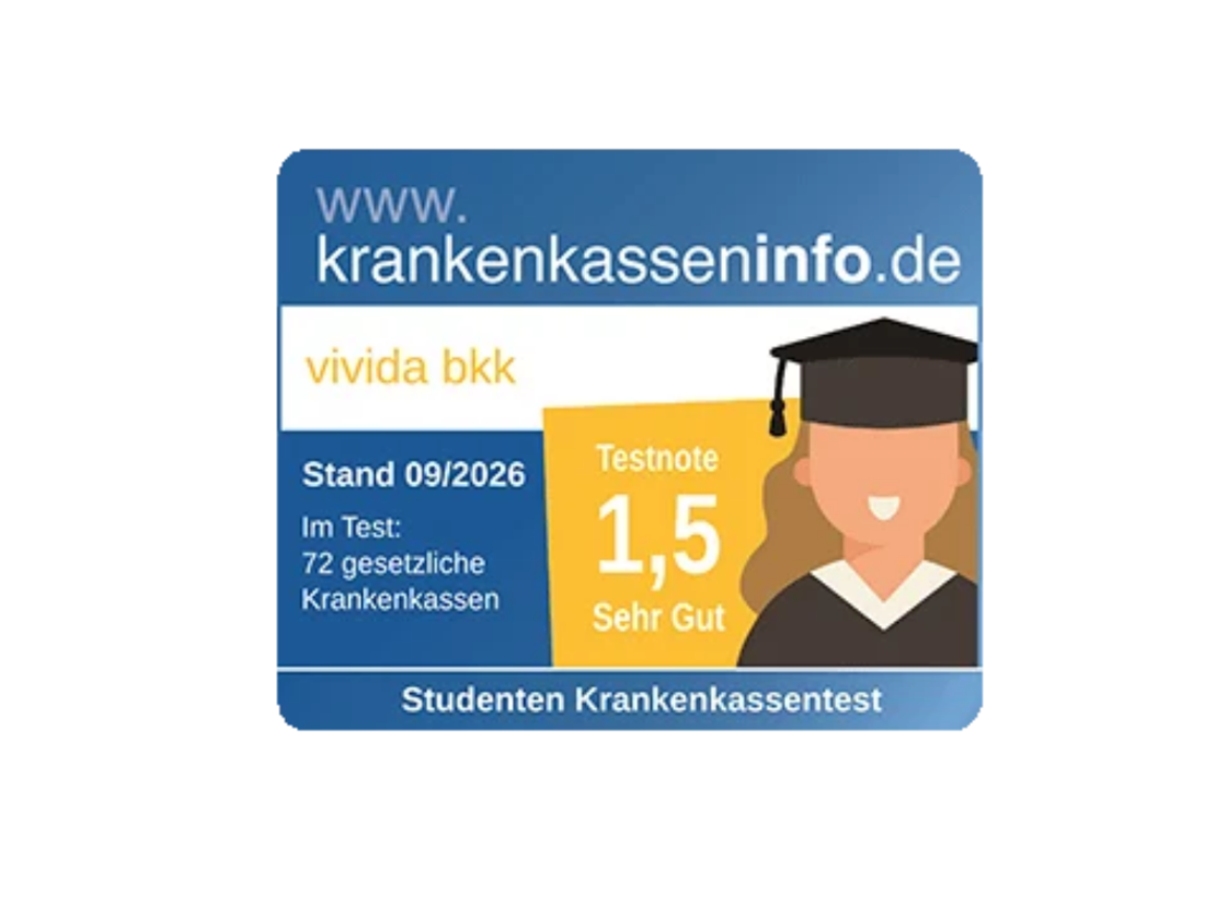 Auszeichnungssiegel von krankenkasseninfo.de für vivida bkk mit der Note 1,5 „Sehr Gut“ für die studentische Krankenversicherung, Stand 09/2026.