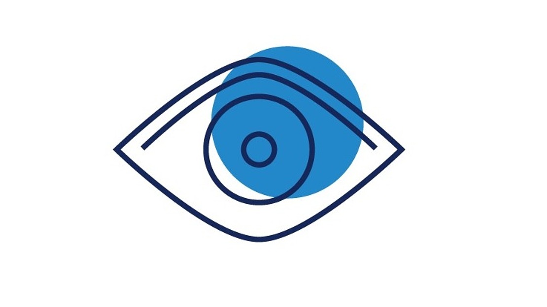 Eine minimalistische blaue Strichzeichnung eines Auges mit einem durchgezogenen blauen Kreis, der die Iris überlappt und sich auf einem weißen Hintergrund über die obere rechte Seite des Auges hinaus erstreckt.