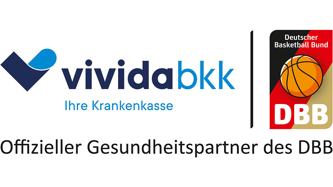 Logo der Vivida BKK mit dem Text „Ihre Krankenkasse“ neben dem Logo des Deutschen Basketball Bundes (DBB) und dem Schriftzug „Offizieller Gesundheitspartner des DBB“ darunter.