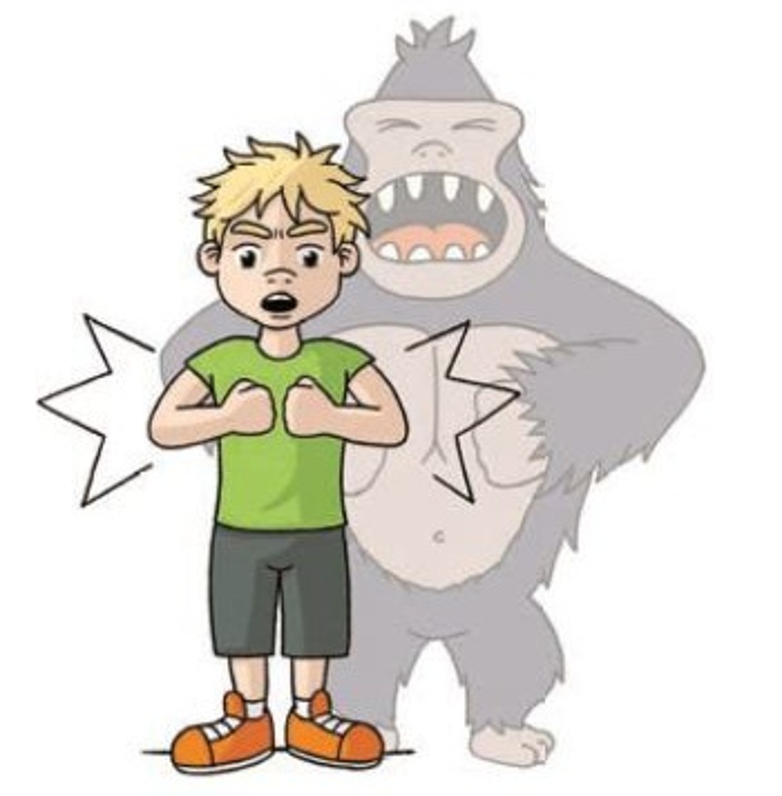 Ein blonder Junge in grünem Hemd und Shorts schlägt sich mit den Fäusten auf die Brust, während hinter ihm das durchsichtige Bild eines großen Gorillas sein Tun nachahmt.