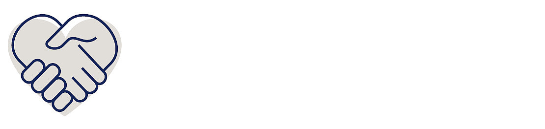 Eine einfache Grafik von zwei schüttelnden Händen, die die Form eines Herzens bilden, mit dunkelblauer Umrandung und hellgrauer Füllung auf weißem Hintergrund.