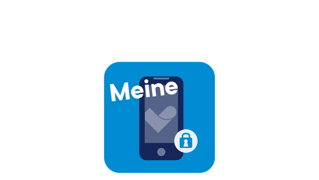 Ein blaues, quadratisches Symbol mit der Abbildung eines Smartphones, einem Häkchen auf dem Bildschirm, dem Wort "Meine" darüber und einem kleinen Vorhängeschloss-Symbol in der rechten unteren Ecke, das auf Sicherheit oder Datenschutz hinweist.