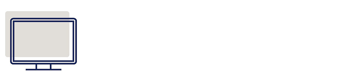 Minimalistische Darstellung zweier überlappender Computermonitore mit dunkelblauer Umrandung und neutralen Bildschirmfarben auf weißem Hintergrund. Die Monitore befinden sich auf der linken Bildseite.