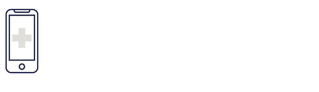 Eine einfache Strichzeichnung eines Smartphones, auf dessen Bildschirm ein medizinisches Kreuzsymbol angezeigt wird, zentriert auf einem weißen Hintergrund.