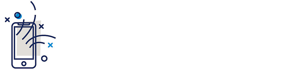 Minimalistische Illustration eines Smartphones mit verspielten blauen Linien, Kreisen und X-Symbolen, die Interaktion oder Aktivität suggerieren. Die rechte Seite des Bildes besteht größtenteils aus leerem, weißem Raum.