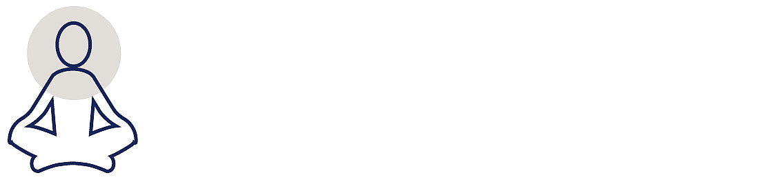 Einfache Strichzeichnung einer Person, die im Schneidersitz in einer meditativen Pose sitzt, mit einem grauen Kreis hinter ihrem Kopf, auf einem weißen Hintergrund.