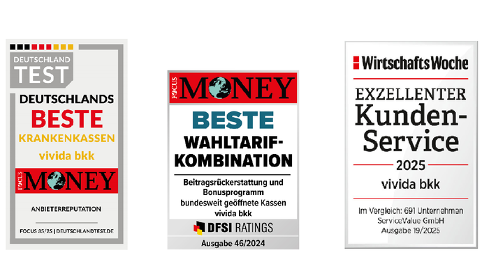 Drei deutsche Plaketten für "Beste Krankenkassen", "Beste Wahltarif-Kombination" und "Exzellenter Kunden-Service", jeweils mit den Logos von FOCUS MONEY oder der WirtschaftsWoche.