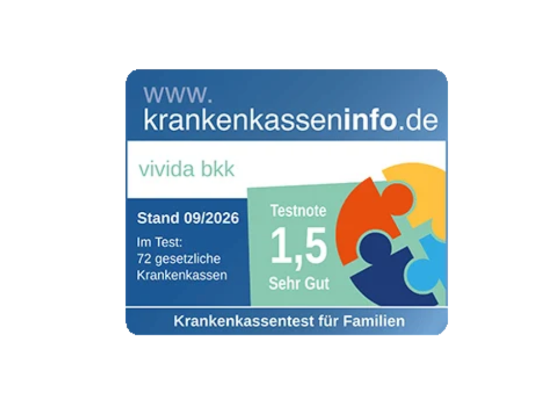Gütesiegel für die Krankenkasse vivida bkk mit einer Bewertung von 1,5 („Sehr gut“) aus einem Test von 72 gesetzlichen Krankenkassen aus dem Jahr 2026.