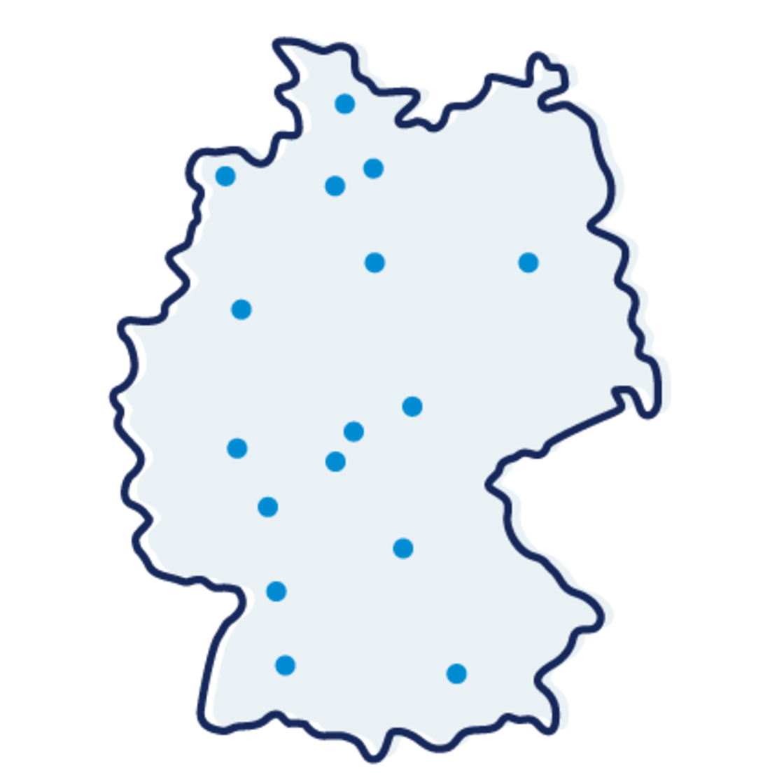 Eine Karte von Deutschland mit blauen Punkten, die verschiedene Orte im ganzen Land markieren.