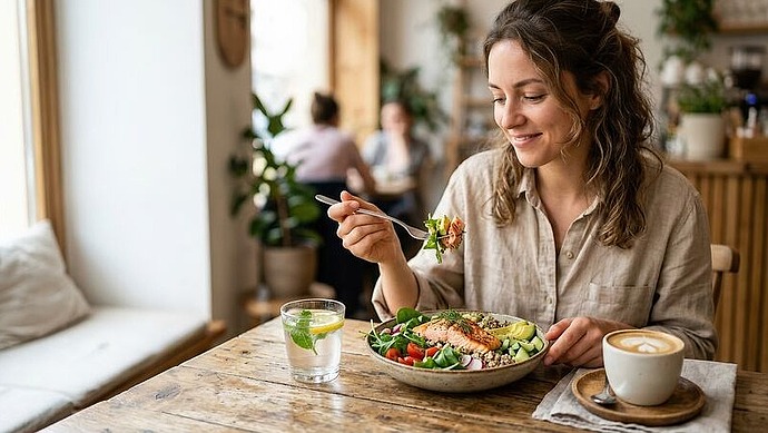 Eine Frau sitzt an einem Holztisch und isst lächelnd eine bunte Salatschüssel. Neben ihr stehen ein Glas Wasser mit Limette und eine Tasse Kaffee. Die Umgebung ist ein gemütliches, mit Pflanzen gefülltes Café mit natürlichem Licht.