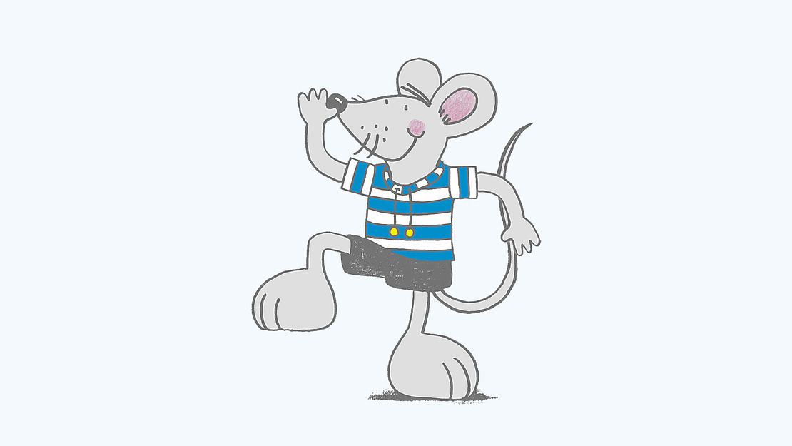 Eine fröhliche Cartoon-Maus in einem blau-weiß gestreiften Hemd tanzt.