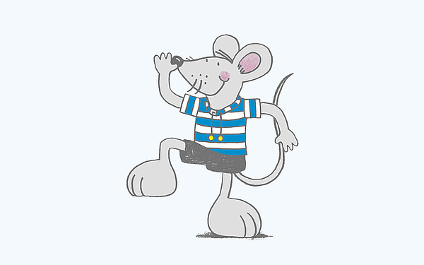 Eine fröhliche Cartoon-Maus in einem blau-weiß gestreiften Hemd und dunklen Shorts, die auf einem Bein steht, einen Arm erhoben hat und ihre Nase berührt, und so aussieht, als würde sie tanzen oder spielerisch posieren.