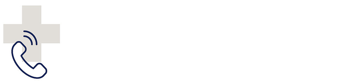 Ein hellgraues medizinisches Kreuz mit einem marineblauen Telefonhörersymbol und Schallwellen in der unteren linken Ecke auf weißem Hintergrund.
