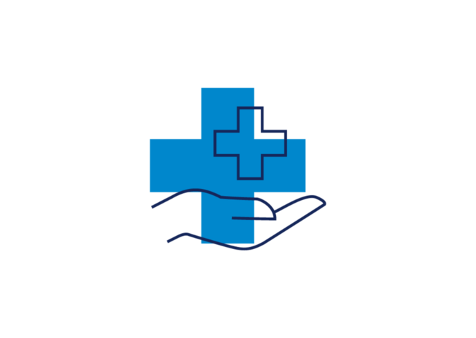 Ein blaues medizinisches Kreuz mit dem Umriss einer offenen Hand in Dunkelblau darunter, das Gesundheitspflege, Schutz und medizinische Hilfe symbolisiert.