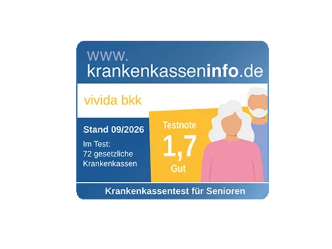Ein Bewertungsabzeichen von krankenkasseninfo.de, das für die vivida bkk die Note 1,7 in einem Test von 72 Krankenkassen für Senioren ausweist.