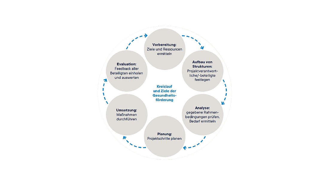 Ein Kreisdiagramm mit sechs beschrifteten Schritten in deutscher Sprache, das einen Prozess der Gesundheitsförderung beschreibt: Vorbereitung, Aufbau von Strukturen, Analyse, Planung, Umsetzung, Evaluation. Pfeile zeigen einen kontinuierlichen Zyklus an.
