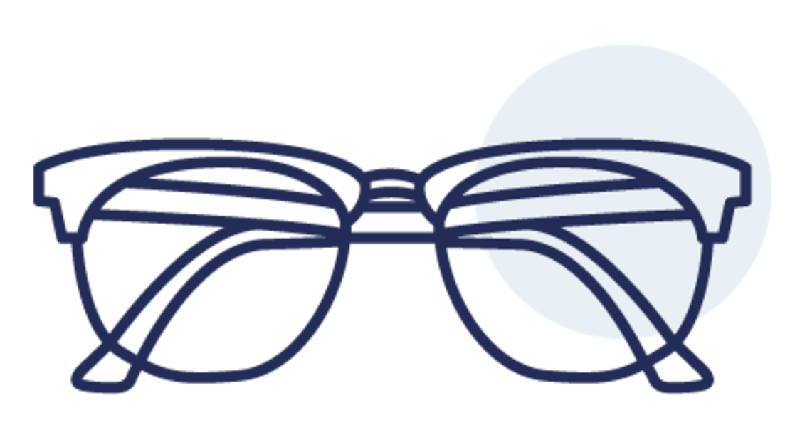 Eine einfache Strichzeichnung einer Brille mit sich überschneidenden Umrissen, die sowohl die Vorder- als auch die Seitenansicht des Gestells in Dunkelblau auf hellem Hintergrund zeigt.