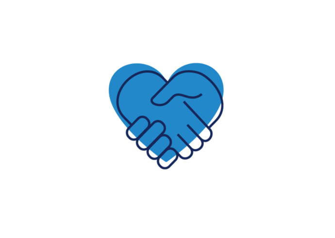 Ein blaues Herz, das von zwei Händen gebildet wird, die sich die Hand geben und Einheit, Partnerschaft und Fürsorge symbolisieren, auf weißem Hintergrund.