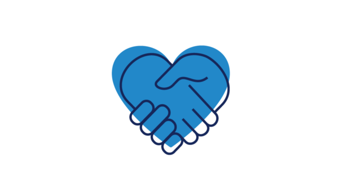 Ein blaues Herz, das von zwei Händen gebildet wird, die sich die Hand geben und Einheit, Partnerschaft und Fürsorge symbolisieren, auf weißem Hintergrund.